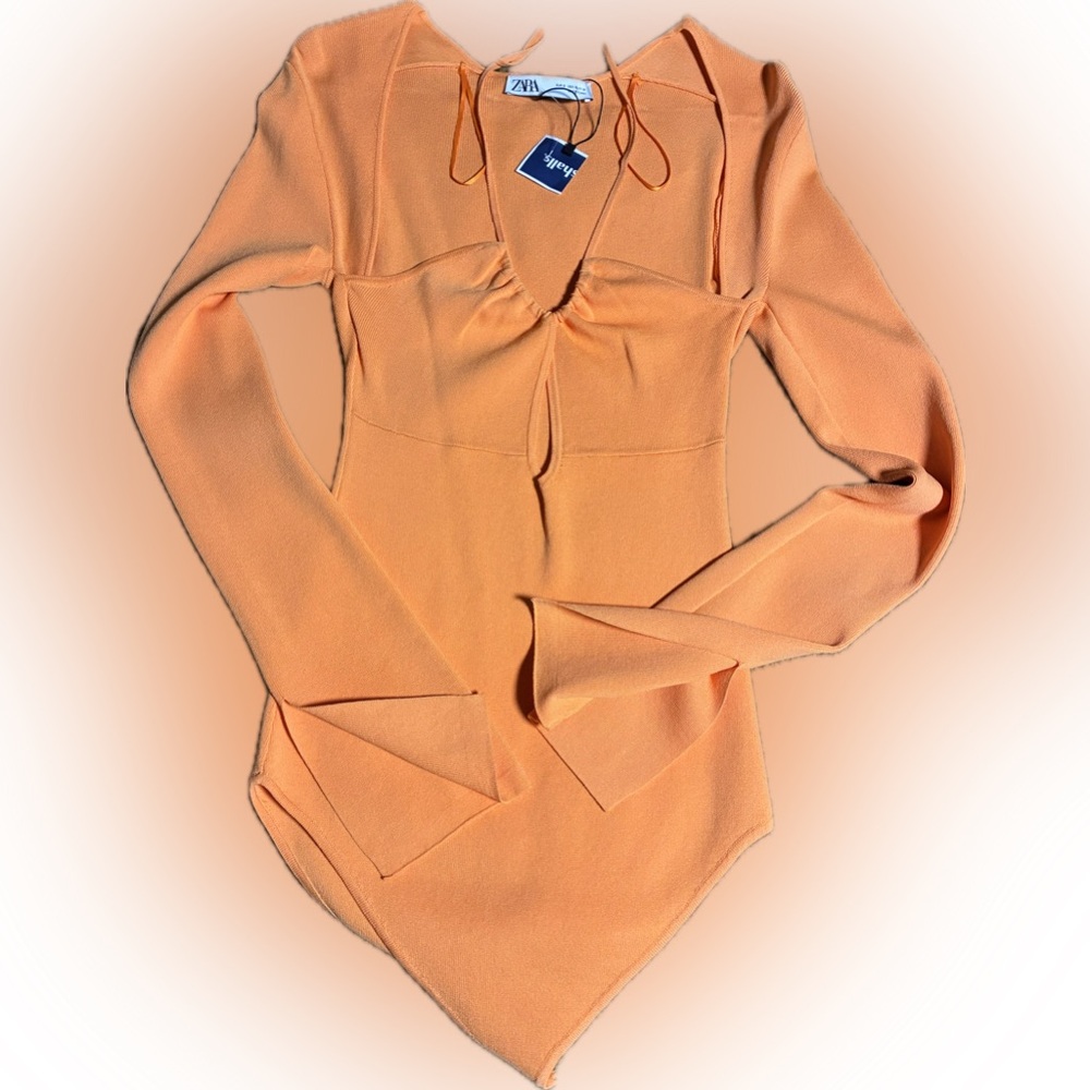 ZARA Knit Long Sleeve Tie-Front Bodysuit – vibrant bright Orange | Size S | NWT - Picture 2 of 11